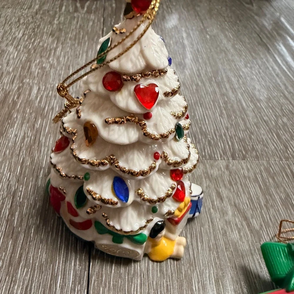 Vintage 2003 Ceramic White Christmas Tree & Plush Bear Gift Box Ornament Set